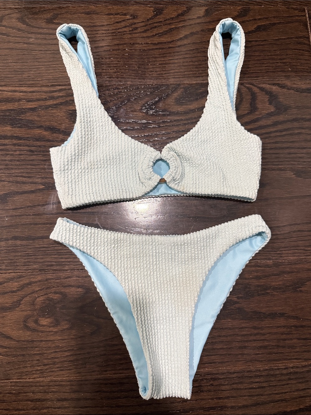 Kids Textured Cream Bikini Set with Light Blue Lining